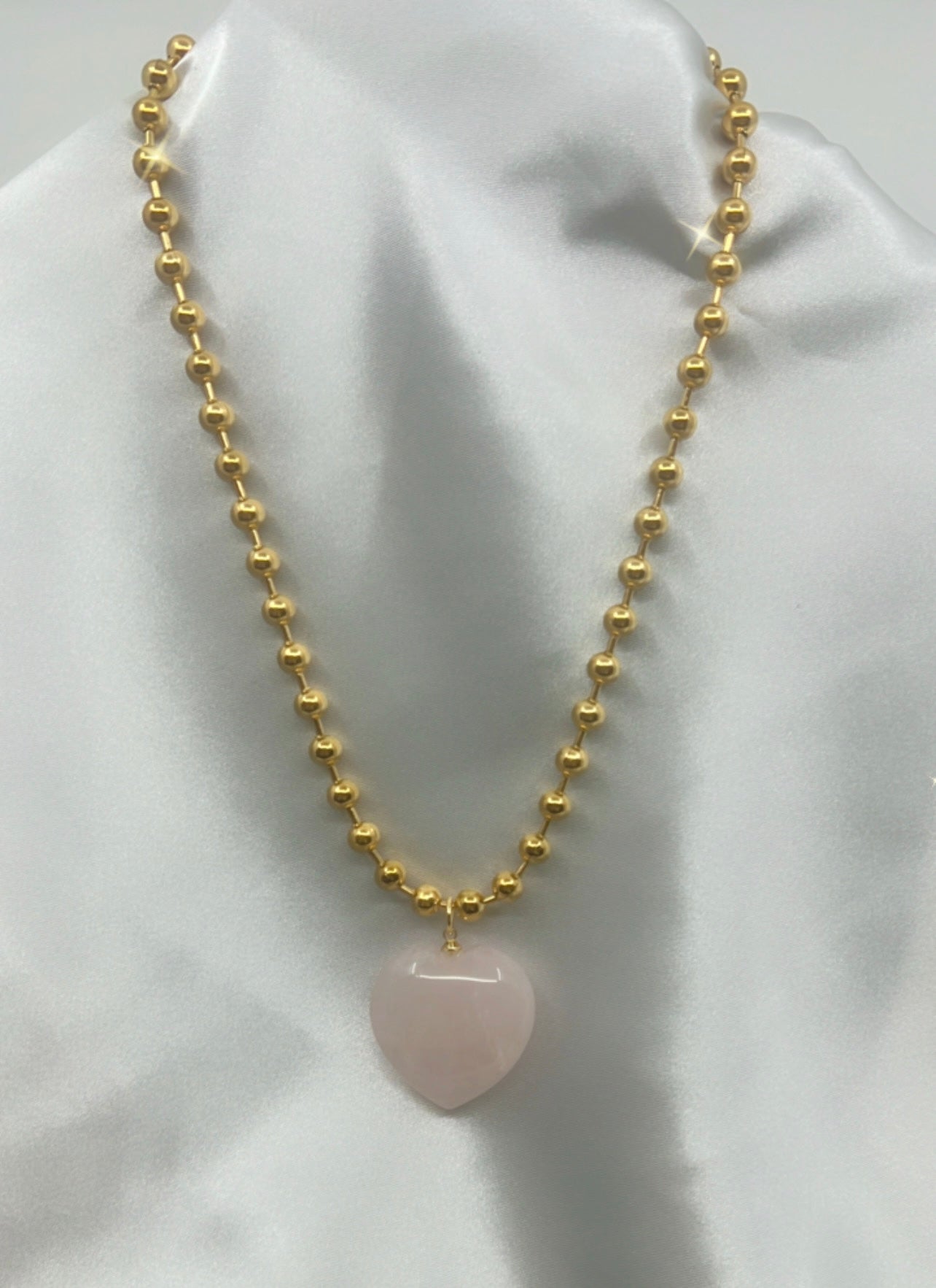 ROSE QUARTZ BALL CHAIN HEART NECKLACE-Love, empathy, self love