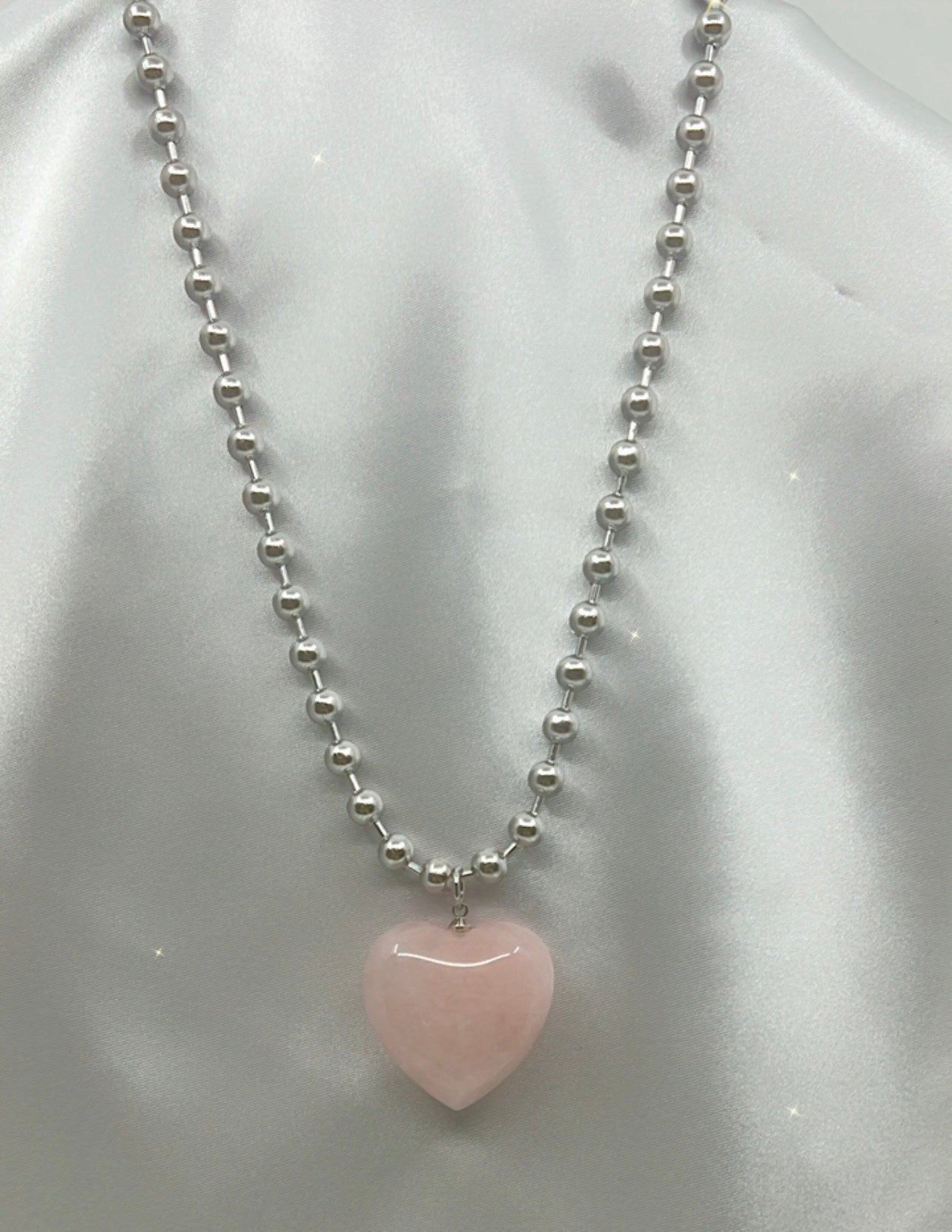 ROSE QUARTZ BALL CHAIN HEART NECKLACE-Love, empathy, self love