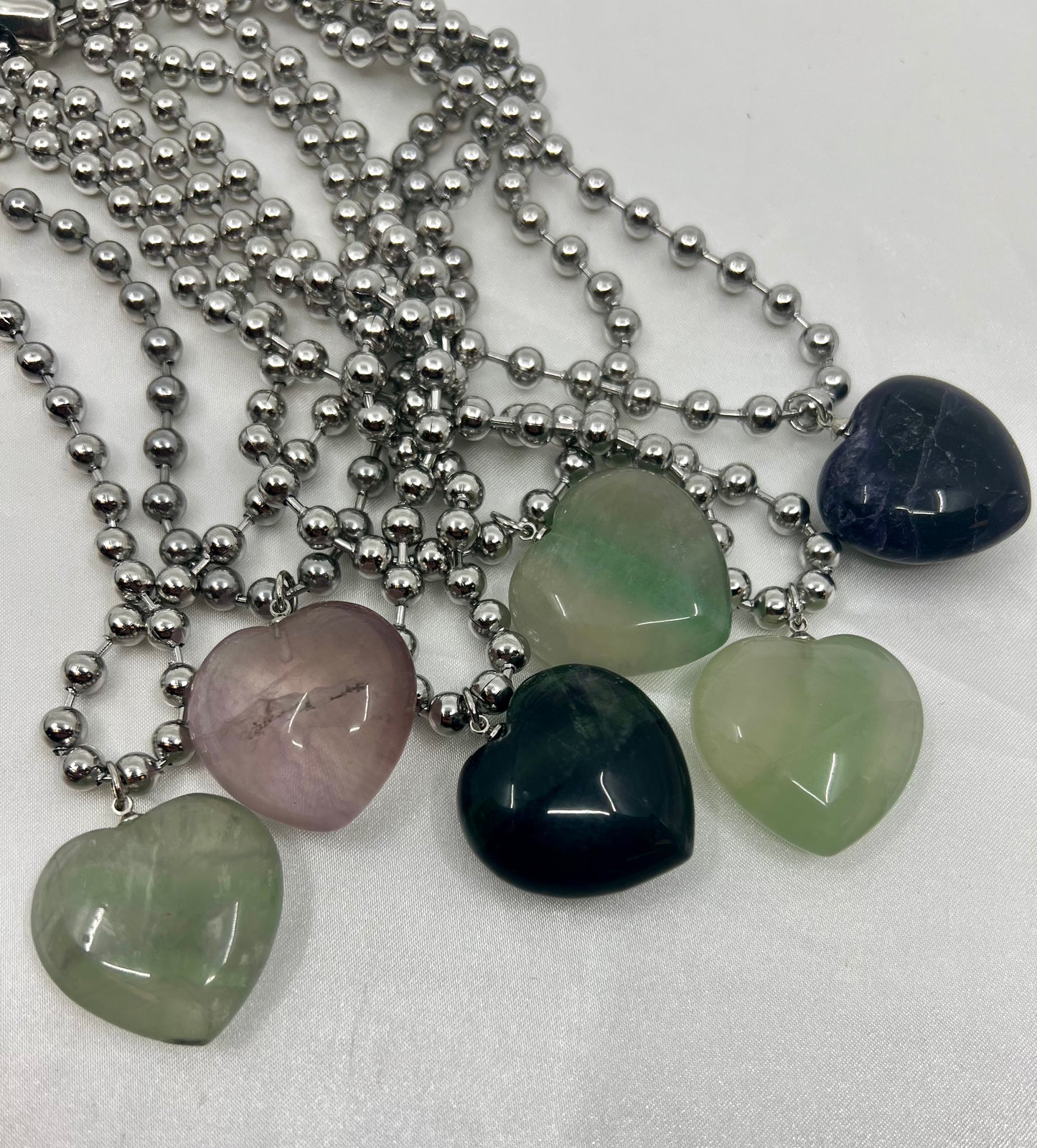 FLUORITE BALL CHAIN HEART NECKLACE- prevent weight gain, defuse negativity & protect your aura