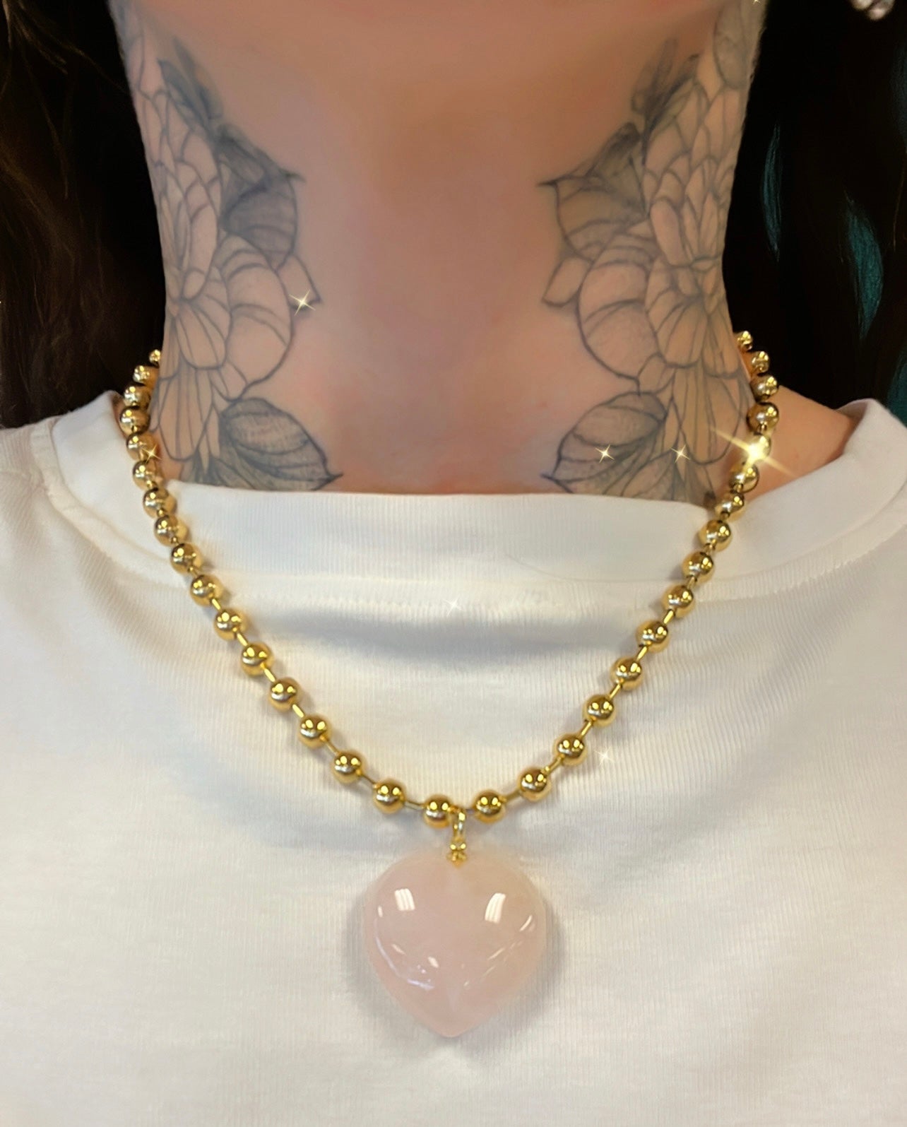 ROSE QUARTZ BALL CHAIN HEART NECKLACE-Love, empathy, self love