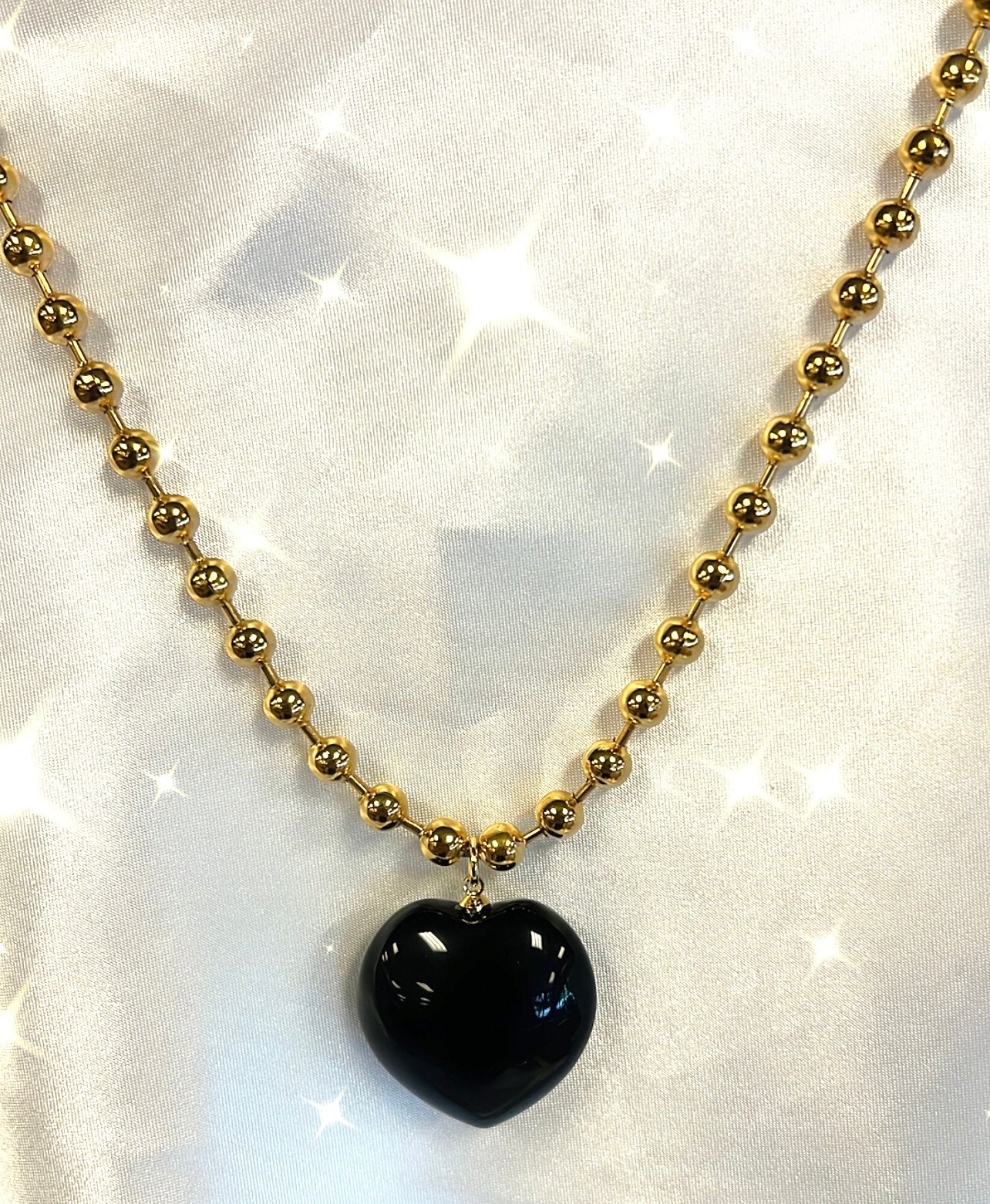 BLACK OBSIDIAN BALL CHAIN HEART NECKLACE-purification, fulfillment, new beginnings, outer manifestation