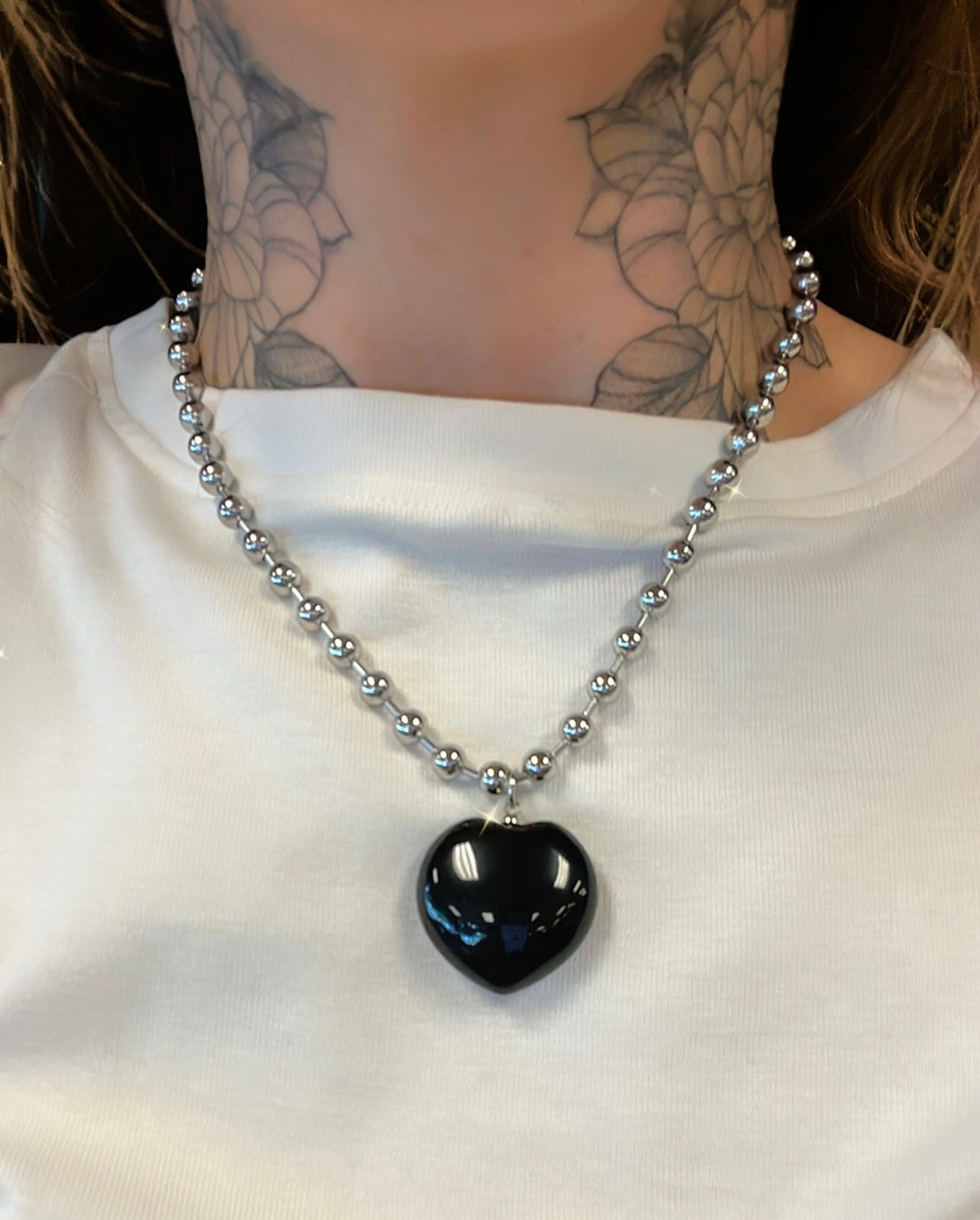 BLACK OBSIDIAN BALL CHAIN HEART NECKLACE-purification, fulfillment, new beginnings, outer manifestation