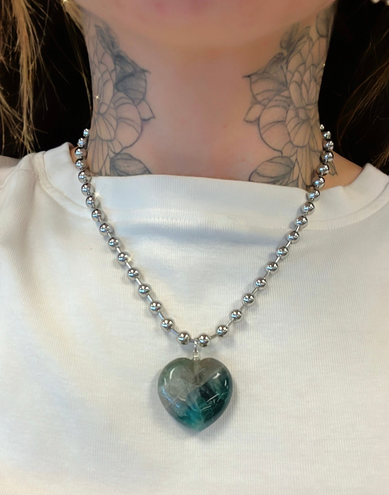 FLUORITE BALL CHAIN HEART NECKLACE- prevent weight gain, defuse negativity & protect your aura