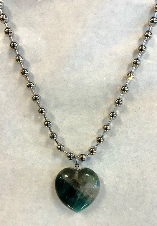 FLUORITE BALL CHAIN HEART NECKLACE- prevent weight gain, defuse negativity & protect your aura