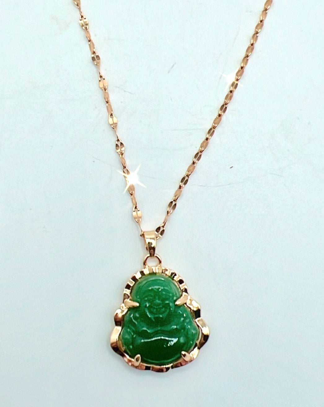 GREEN AVENTURINE BUDDHA NECKLACE- happiness, wealth good luck, prosperity