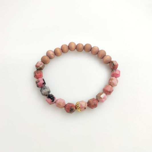 FACETED RHODONITE & ROSEWOOD- confidence, calming, inner path